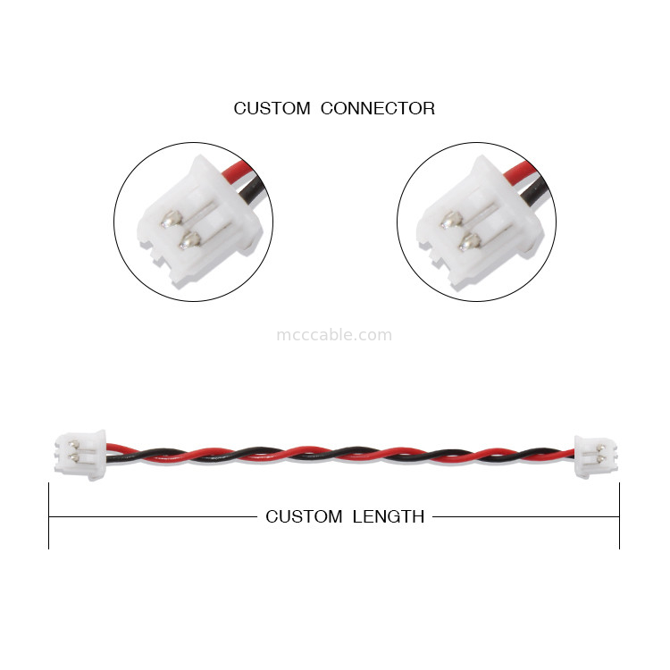 JST 배선 장비 XHP-2 커넥터 케이블 22AWG UL1007 검 빨강 2P 접착된 케이블